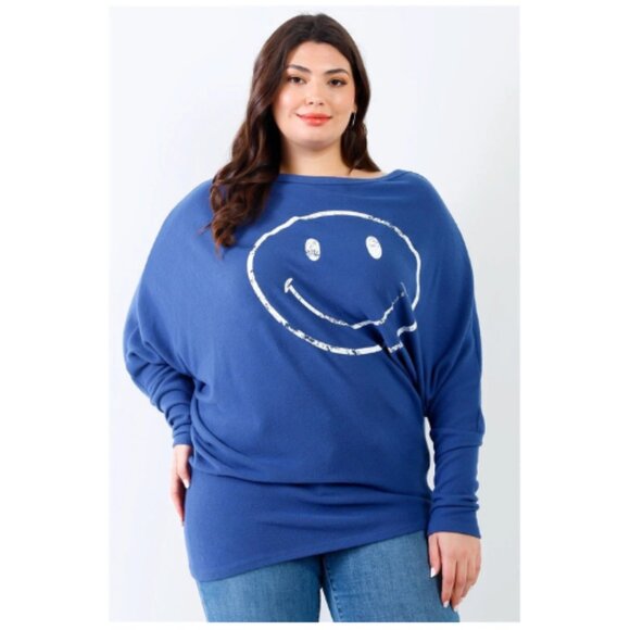 Plus Smile Front Print Flannel Dolman Long Sleeve Top Size 1XL - Picture 1 of 4